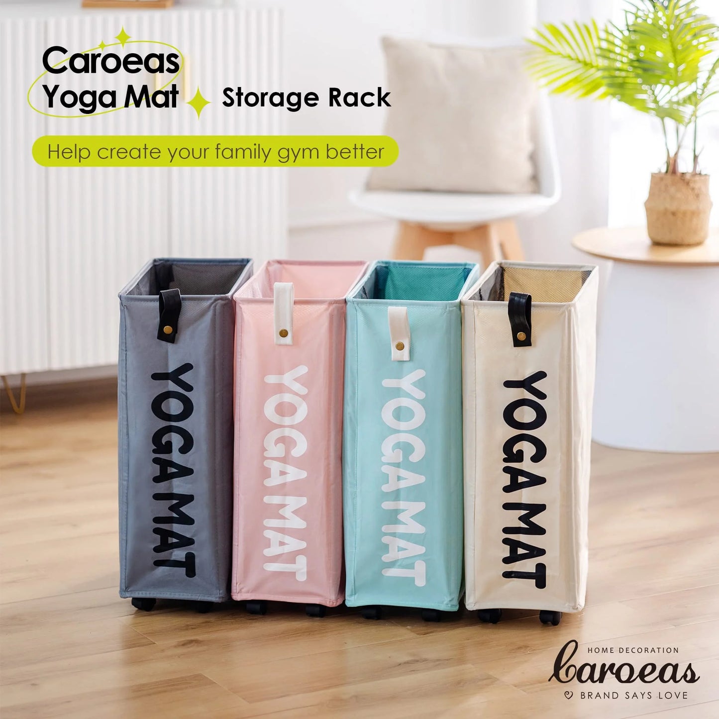 Large Yoga Mat Storage Rack with Wheels - Stylish Home Gym Organizer for Workout Equipment - White