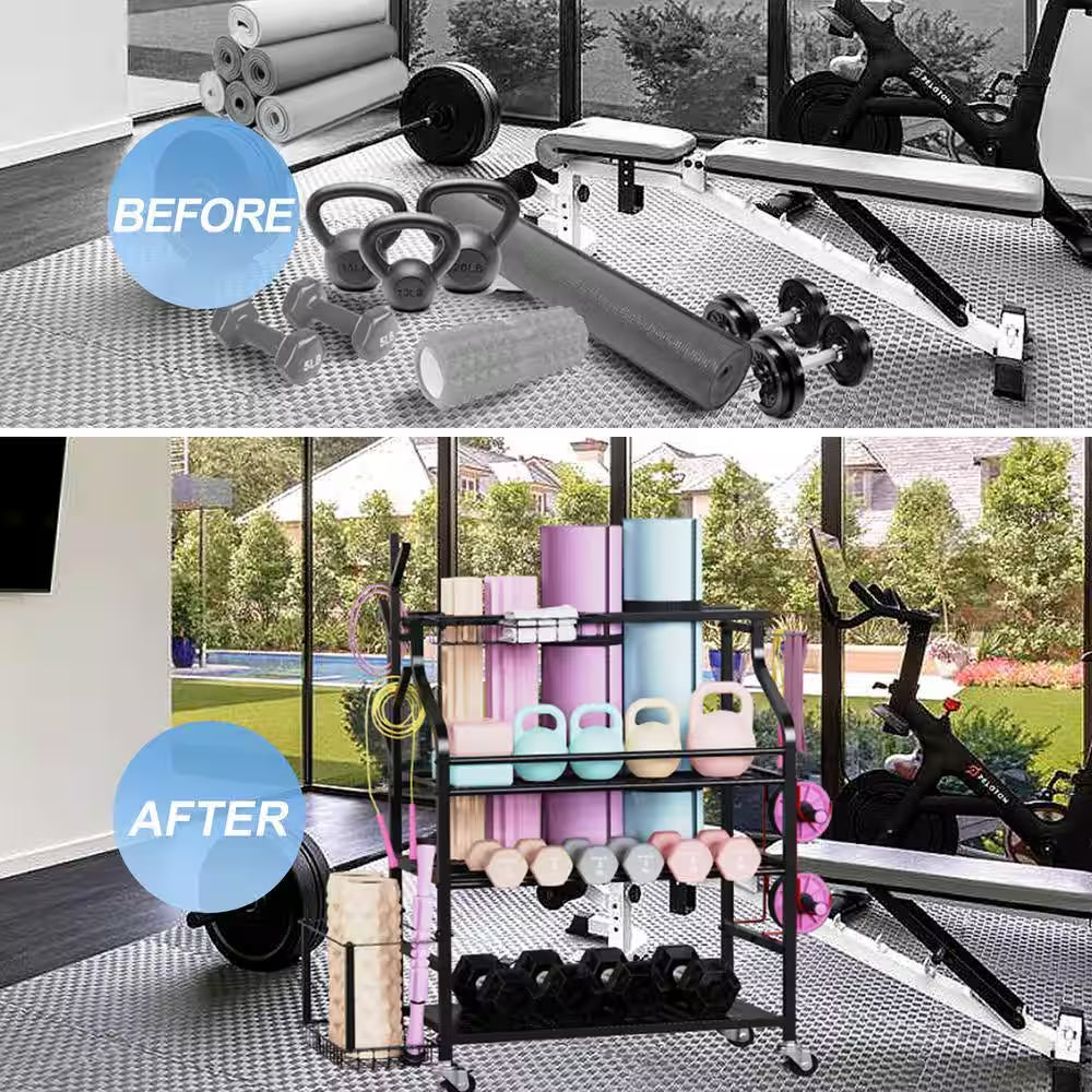 4-Tier Yoga Mat & Dumbbell Storage Rack with Wheels - Ultimate Home Gym Organizer with Hooks