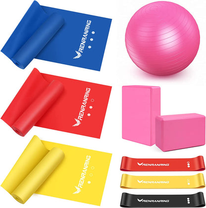 Transform Your Workout with the RENRANRING 11-in-1 Yoga Ball Set - Includes Resistance Bands, Yoga Block, Pump & More for Home, Gym & Office (Pink)