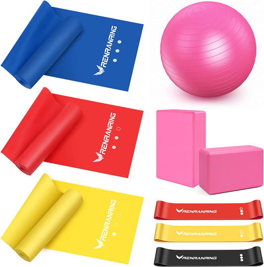 Transform Your Workout with the RENRANRING 11-in-1 Yoga Ball Set - Includes Resistance Bands, Yoga Block, Pump & More for Home, Gym & Office (Pink)