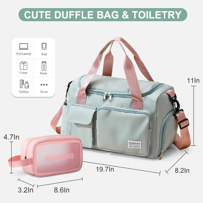 Small Gym Bag for Women, Waterproof Duffle Bag Carry on Weekender Bag with Shoe Compartment & Wet Pocket, Tote Bag for Travel, Workout, Sport