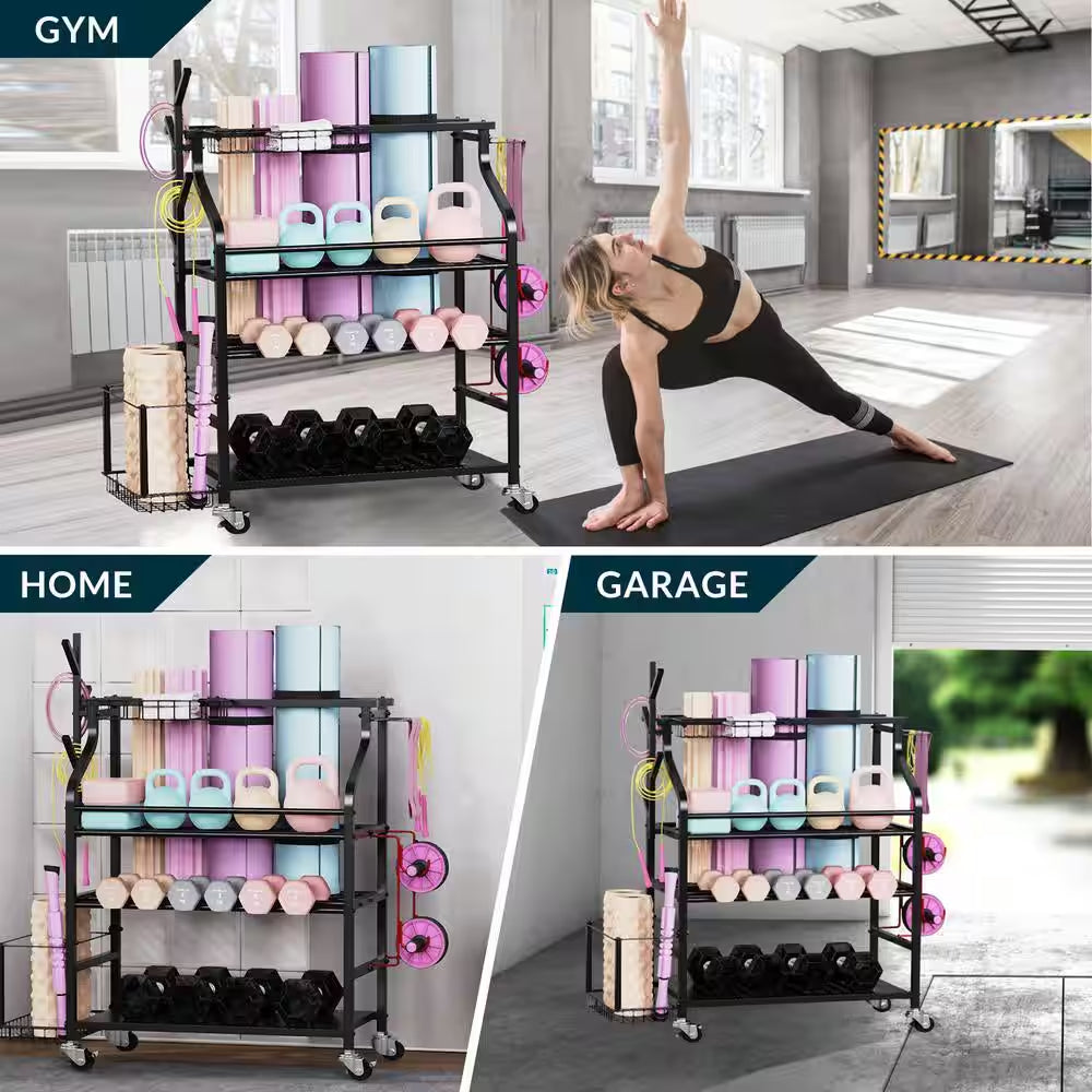 4-Tier Yoga Mat & Dumbbell Storage Rack with Wheels - Ultimate Home Gym Organizer with Hooks