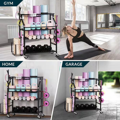 4-Tier Yoga Mat & Dumbbell Storage Rack with Wheels - Ultimate Home Gym Organizer with Hooks