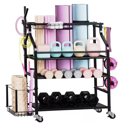 4-Tier Yoga Mat & Dumbbell Storage Rack with Wheels - Ultimate Home Gym Organizer with Hooks
