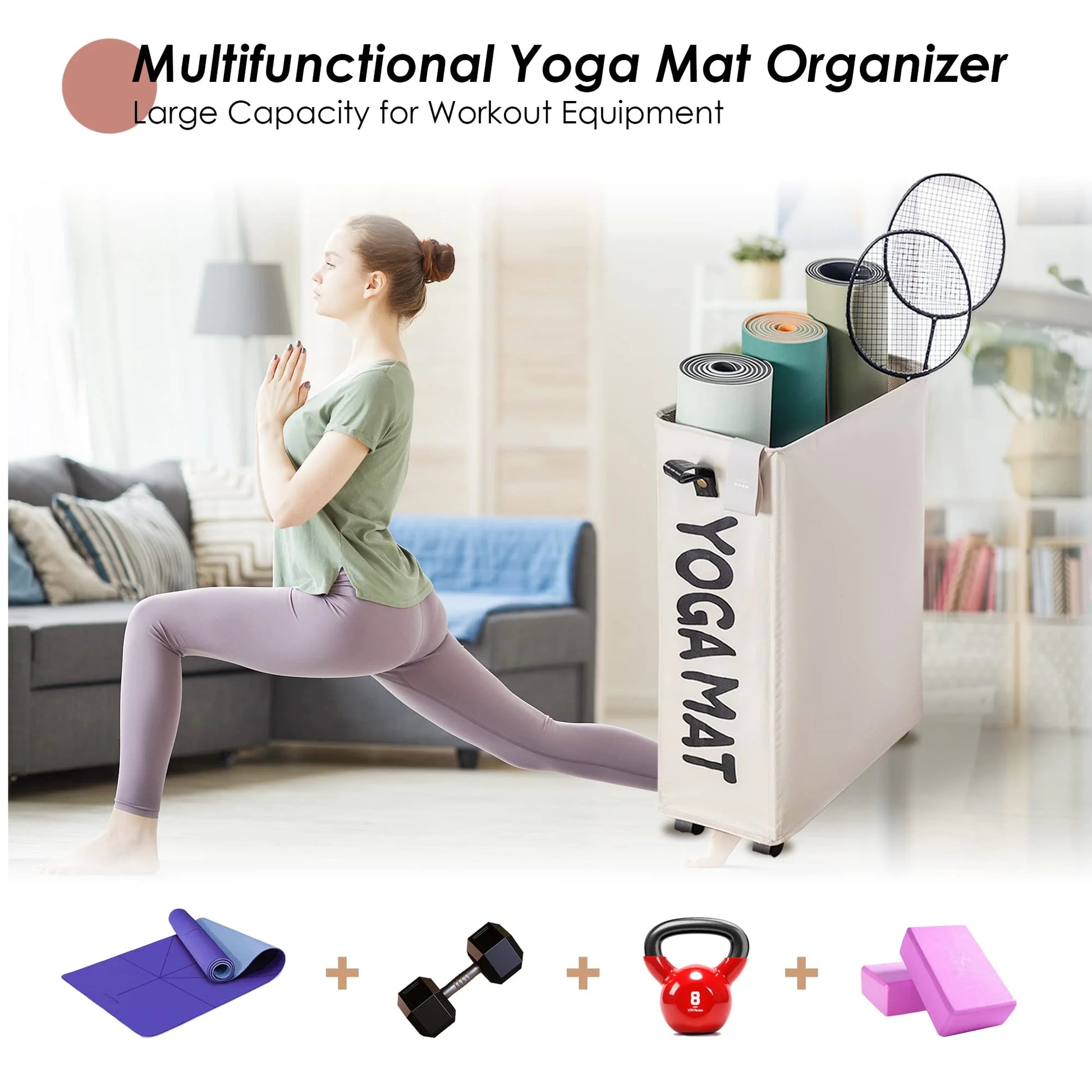 Large Yoga Mat Storage Rack with Wheels - Stylish Home Gym Organizer for Workout Equipment - White