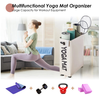 Large Yoga Mat Storage Rack with Wheels - Stylish Home Gym Organizer for Workout Equipment - White