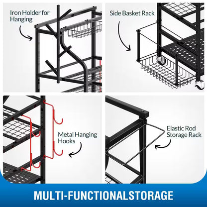 4-Tier Yoga Mat & Dumbbell Storage Rack with Wheels - Ultimate Home Gym Organizer with Hooks