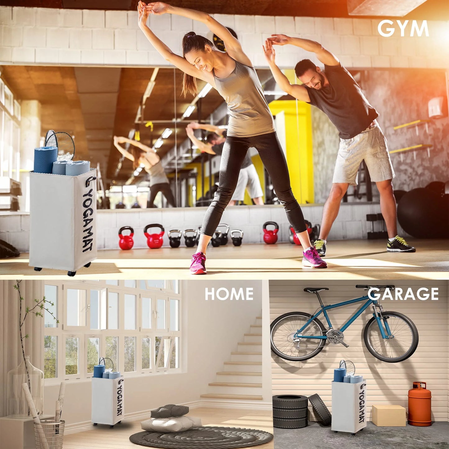 Large Yoga Mat Storage Rack with Wheels - Stylish Home Gym Organizer for Workout Equipment - White