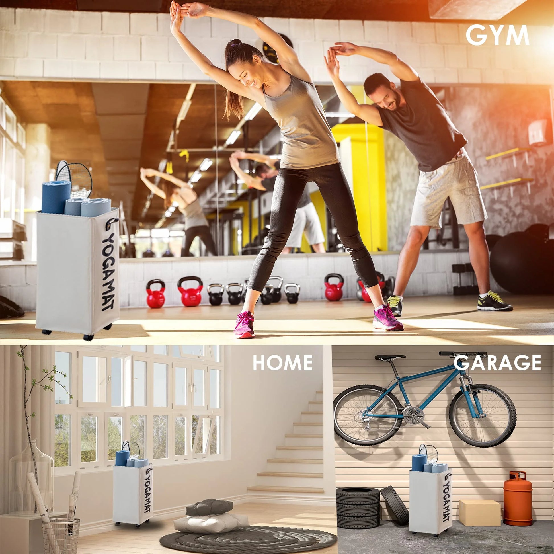 Large Yoga Mat Storage Rack with Wheels - Stylish Home Gym Organizer for Workout Equipment - White