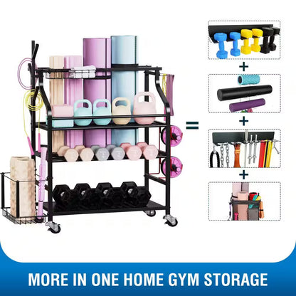 4-Tier Yoga Mat & Dumbbell Storage Rack with Wheels - Ultimate Home Gym Organizer with Hooks