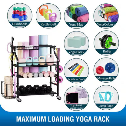 4-Tier Yoga Mat & Dumbbell Storage Rack with Wheels - Ultimate Home Gym Organizer with Hooks