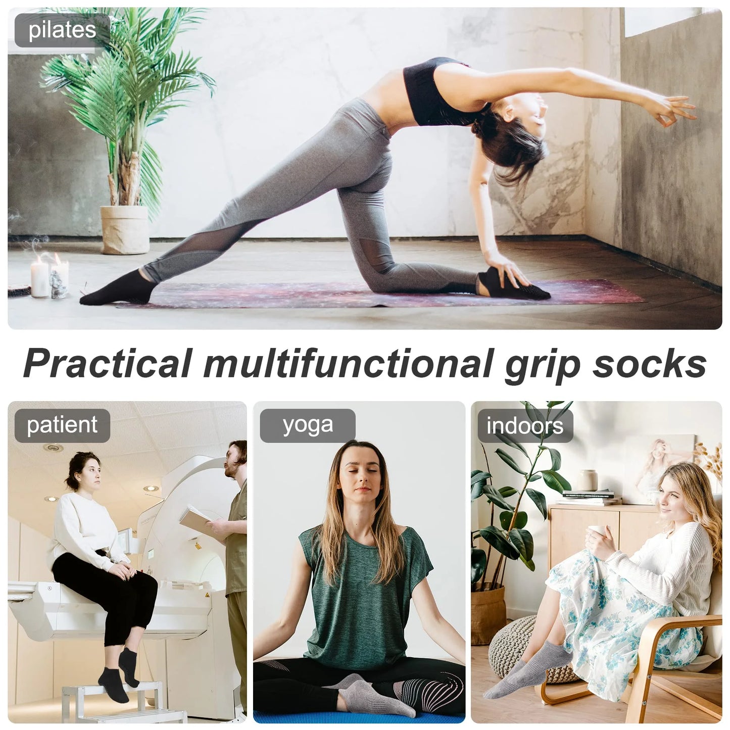 Non-Slip Grip Socks for Women - 3 Pairs of Towless Cotton Yoga & Pilates Socks