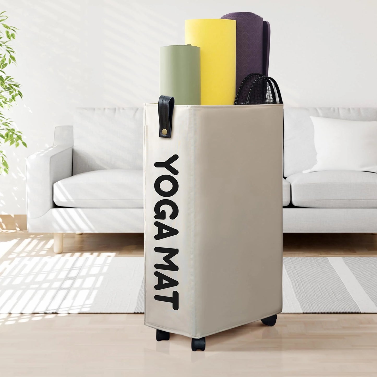Large Yoga Mat Storage Rack with Wheels - Stylish Home Gym Organizer for Workout Equipment - White