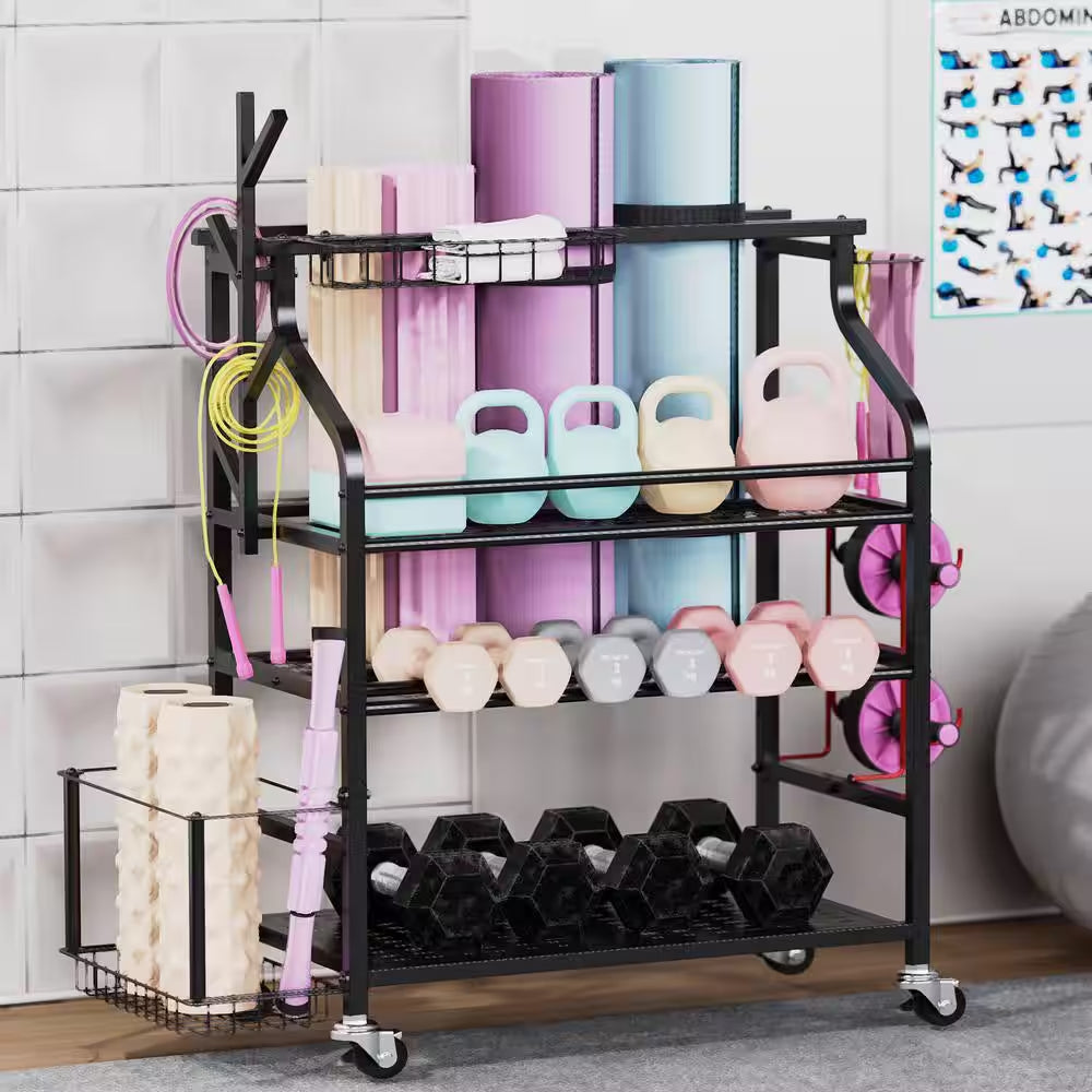 4-Tier Yoga Mat & Dumbbell Storage Rack with Wheels - Ultimate Home Gym Organizer with Hooks